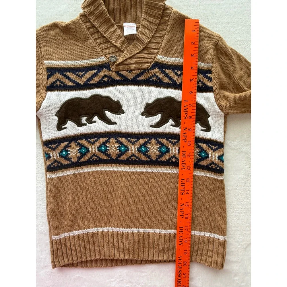 Gymboree Boys Bear Aztec Shawl Collar Sweater Tan Winter Pullover Size 7/8